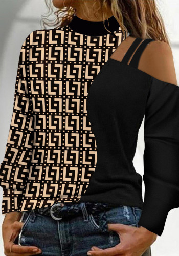 Outono e inverno blusa simples de manga comprida com padrão geométrico de blocos coloridos fora do ombro para mulheres