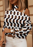 Autumn and Winter Long Sleeve Chain Halter Neck Print Button Decoration Top Women
