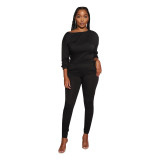 Women's Fall Winter Long Sleeve Off Shoulder Pleated Casual Career Two-Piece Set