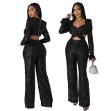 Autumn and winter long sequined feather hollow-out slim long-sleeved party Jumpsuit