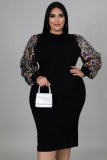 Women's Clothing Sexy Solid Color Sequin Puff Sleeve Plus Size Woman Dress