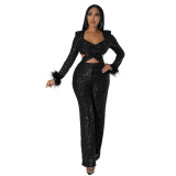 Autumn and winter long sequined feather hollow-out slim long-sleeved party Jumpsuit