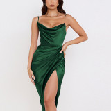 High slit suspender sexy satin pile collar pleated Low Back dress