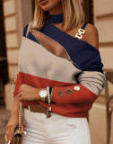 Осенне-зимний топ с длинным рукавом и цепочкой на шее с принтом и пуговицами для женщин