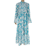 Женское плиссированное платье-рубашка с длинным рукавом и принтом (без блесток)