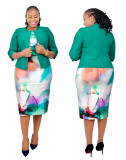 Plus Size African Women Print Kleid und Mantel zweiteilig