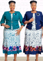 Plus Size African Women Print Dress And Coat Two Piece