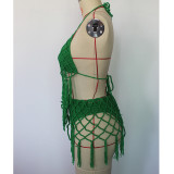 Women Beach Hand Crochet Mesh Strap Long Fringe Cutout Lace Up Sexy Backless Swimwear