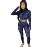 Women Finger Sleeve Print Camo Long Sleeve Top and Pant Two Piece Set