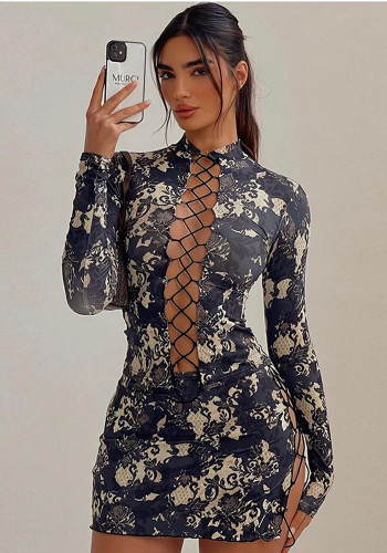 Women Stand Collar Lace-Up Cutout Print Long Sleeve Top And Mini Skrit Two Piece