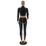 Women Sports Casual Patchwork Reflective Tape Long Sleeve Top and Pant Two Piece Set