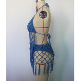 Mujeres Beach Hand Crochet Mesh Strap Long Fringe Cutout Lace Up Sexy Backless Traje de baño