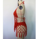 Mujeres Beach Hand Crochet Mesh Strap Long Fringe Cutout Lace Up Sexy Backless Traje de baño