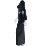 Women Cutout Metal Chain Slash Shoulder Single Long Sleeve Maxi Dress