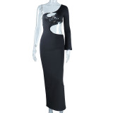 Women Cutout Metal Chain Slash Shoulder Single Long Sleeve Maxi Dress