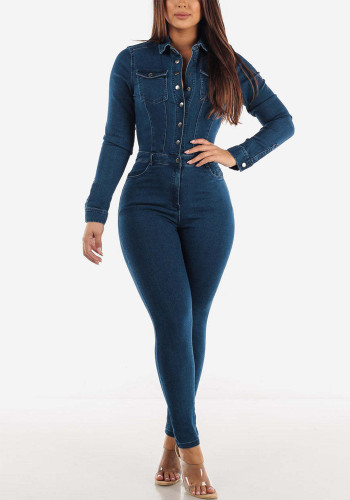 Macacão jeans feminino slim com lavagem elástica