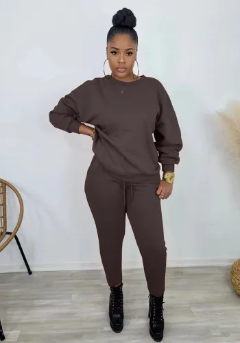 Womens Winter Solid Casual Long Sleeve Top and Pant Two Piece Set