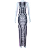 Womens Round Neck Print Stripe Bodycon Maxi Dress