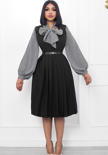 Vestido feminino patchwork estampado com decote laço e manga comprida plissada (sem Blet)