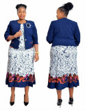 Plus Size African Women Print Kleid und Mantel zweiteilig