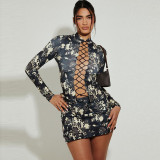 Women Stand Collar Lace-Up Cutout Print Long Sleeve Top And Mini Skrit Two Piece