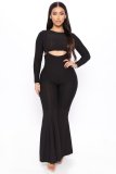 Women Solid Long Sleeve Crop Top and Stretch Jacquard Suspender Bell Bottom Pant Two-Piece