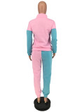 Womens Casual Colorblock Zip Long Sleeve Top and Pant Two Piece Set
