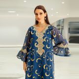 Women'S Muslim Mesh Embroidered Evening Gown Bell Bottom Sleeve Ladies Robe Dress