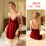 Sexy Pajamas Lace Patchwork Strap Nightdress Women'S Nightdress Slim Low Back Solid Color Homewear