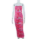 Ladies Strapless Wrapped Chest Digital Printing Midi Trendy Dress