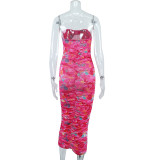 Ladies Strapless Wrapped Chest Digital Printing Midi Trendy Dress
