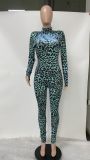 Women'S Leopard Print Long Sleeve Slim Fitted Jumpsuit
