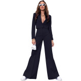Autumn And Winter Trendy Solid Color Short Long-Sleeved Blazer Fashion High Waist Wide-Leg Pants Two Piece Suit