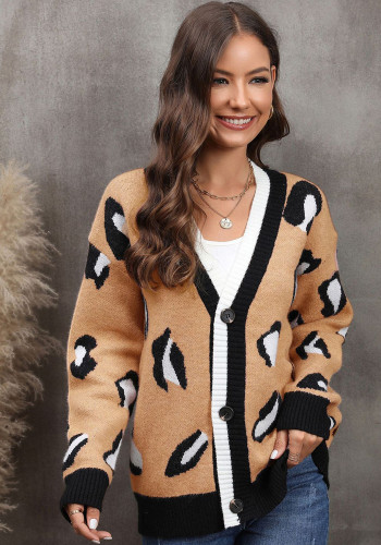Kış Leopar Baskı Hırka Düğme Büyük Beden Stili Moda Örgü Kazak Ceket