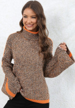 Women'S Winter Sweater Patchwork Mixed Color Knit Pullover Turtleneck Sweater