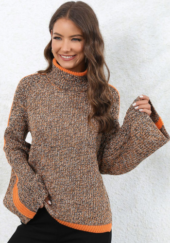 Suéter feminino de inverno com patchwork de malha de cores misturadas suéter gola alta