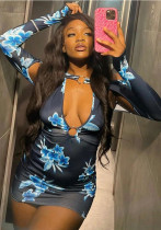 Kadın Giyim Sonbahar Trendy Dijital Baskı Uzun Kollu Bodycon Elbise Oymak