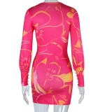 Bodycon-jurk met ronde hals en ballonmouwen voor dames met digitale print