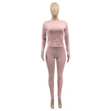 Women'S Two-Piece Set Autumn Winter Solid Color Ribbed Slim Long Sleeve Two Piece Trouser Set