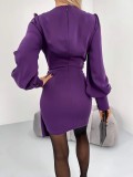 Women'S Fall And Winter Solid Color Long-Sleeve V-Neck Zipper Dress