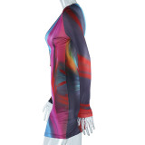 Women'S Trendy V-Neck Ring Hollow Digital Printing Long Sleeve Bodycon Dress
