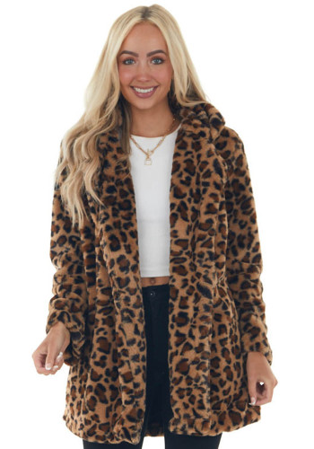 Jaqueta soltinha com estampa de leopardo moda feminina chique de pele sintética outono inverno com bolsos