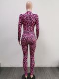 Women'S Leopard Print Long Sleeve Slim Fitted Jumpsuit