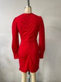 Women'S Fall And Winter Solid Color Long-Sleeve V-Neck Zipper Dress