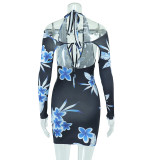 Women'S Clothing Autumn Trendy Digital Printing Long Sleeve Hollow Out Bodycon Dress