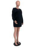 Herbst Damen Pullover Rundhals Solide Lässige Mode Tasche Langes Sweatshirt Kleid