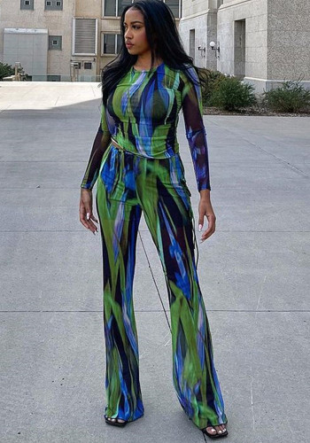 Kadın Yuvarlak Yaka Uzun Kollu Üst Yüksek Bel Çan Alt Pantolon Moda İki Parçalı Set