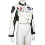 American Street Pu Leather Jacket Black And White Contrast Color Patchwork Baseball Uniform Jacket Top