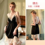 Sexy Pajamas Lace Patchwork Strap Nightdress Women'S Nightdress Slim Low Back Solid Color Homewear