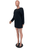 Herbst Damen Pullover Rundhals Solide Lässige Mode Tasche Langes Sweatshirt Kleid
